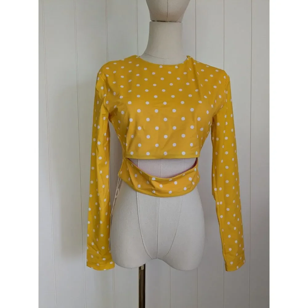 Taranaki Long Sleeved Crop Cut-Out Rashie - Yellow w/ white polka dots - Small